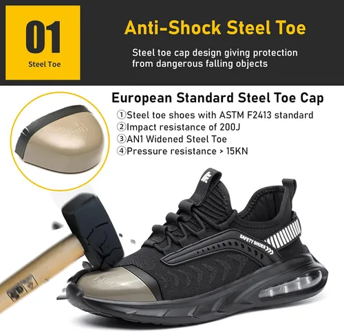 Vista 2 de Zapatos de punta de acero para hombres y mujeres, ligeras, con amortiguación de aire, antideslizantes, botas de trabajo de seguridad, zapatos
