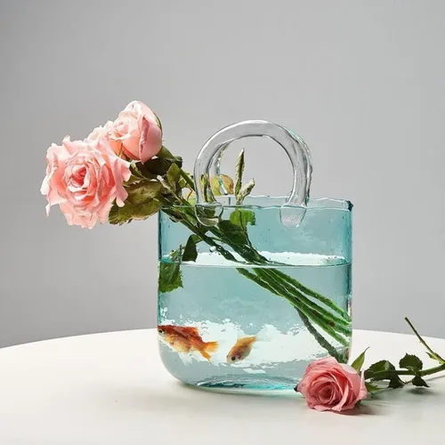 Vista 4 de Jarrón de vidrio para flores, florero de bolsa de vidrio transparente, bolso único de flores, jarrón de peces con asas, jarrón transparente de boca