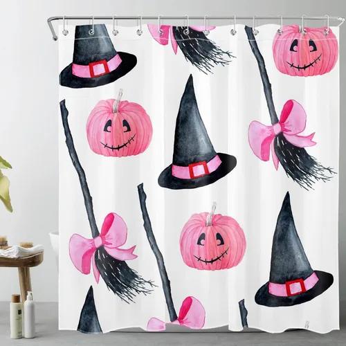 Vista 22 de LB Cortina de ducha de feliz Halloween para baño, flamenco rosa y calabaza naranja con sombrero mágico, cortina de ducha de tela con ganchos, juego