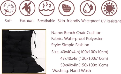 Vista 2 de Cojines de banco de repuesto suaves y gruesos con lazos, cojín para silla colgante, cojín de sofá tatami para suelo, almohadilla de banco Negro