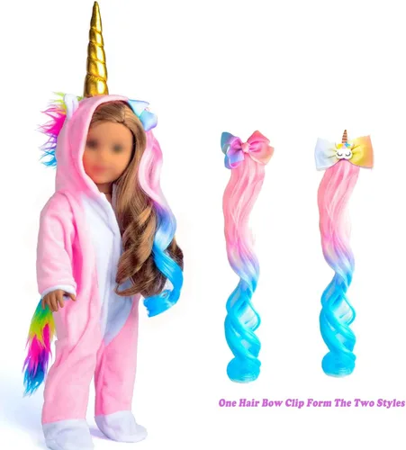 Vista 6 de Ropa para muñeca de 18 pulgadas, disfraz de unicornio, pijama y mameluco con arcoíris, pinzas de pelo con moño. Se ajusta a muñecas de 18 pulgadas