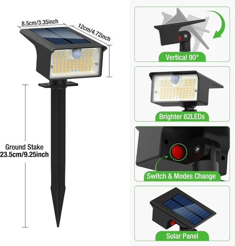 Vista 7 de [Paquete de 3 y 62 LED] Reflectores Solares para Exteriores con Sensor de Movimiento, 3 Modos de Sensor de Movimiento, Luces para Exteriores, 2