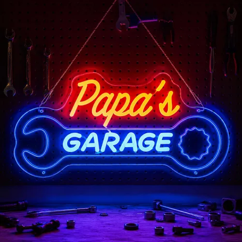 Vista 11 de Letrero de neón de garaje para papá, letrero LED personalizado con forma de llave, decoración de pared retro de mecánico de automóviles, letrero