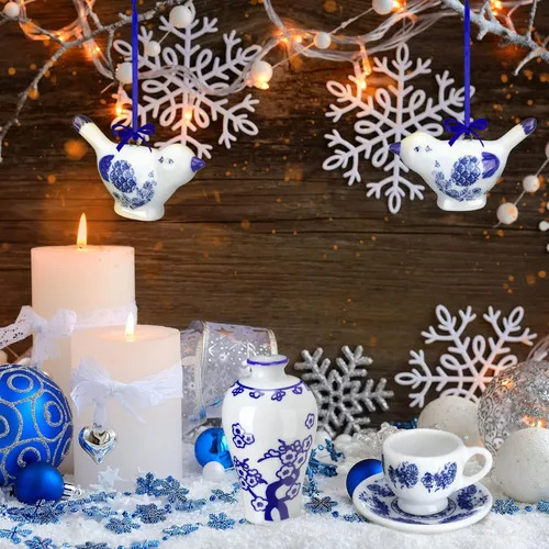 Vista 6 de Funtery Adornos de porcelana azul y blanca de 9 piezas, colgantes colgantes de calabaza de otoño de Chinoiserie, adornos de cerámica para árbol