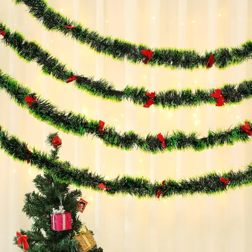 Vista 5 de 3 guirnaldas de oropel de Navidad de 8.2 pies (total: 24.6 pies) con 24 lazos rojos para interiores y exteriores, día festivo, Mardi Gras, Navidad