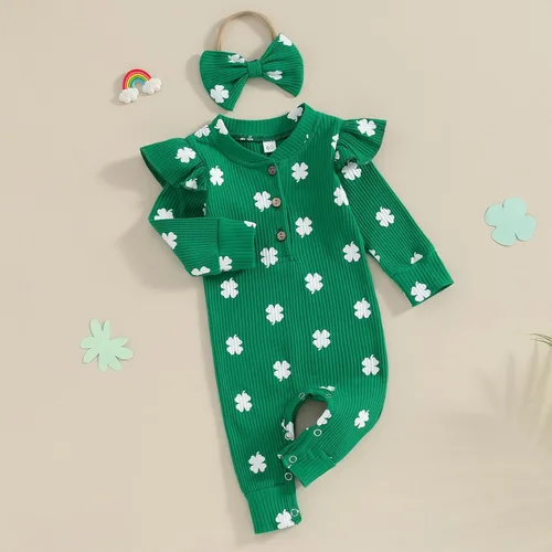 Vista 4 de Beautooly Trajes irlandeses para bebé niña, lindo mameluco de manga larga con lazo para la cabeza, día de San Patricio, ropa para recién nacida