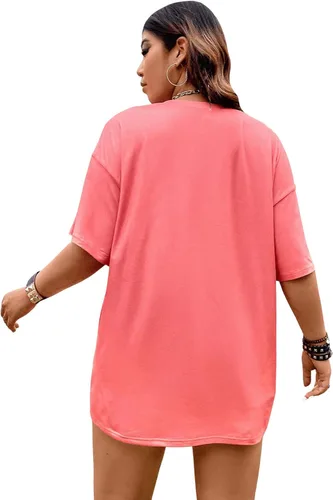 Vista 2 de SOLY HUX Camisetas de verano de gran tamaño para mujer, tallas grandes, con estampado de letras, media manga, camisetas de verano