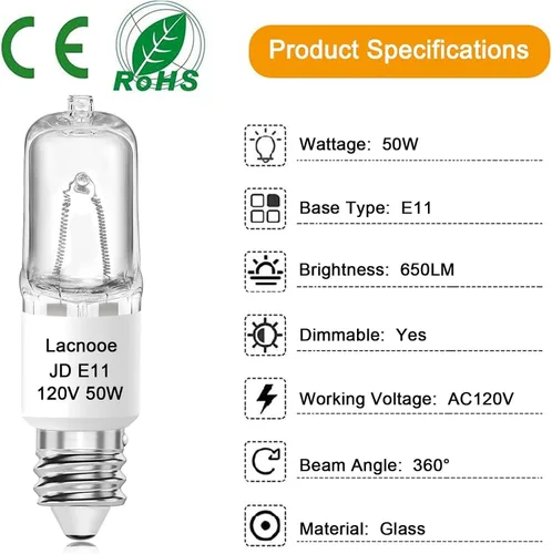 Vista 3 de Bombilla E11, Bombillas de Luz Halógenas JDE11 120V 50W, Base de Mini Candelabro T4, Regulable 2700K Blanco Cálido, 4PCS Bombilla de Luz E11
