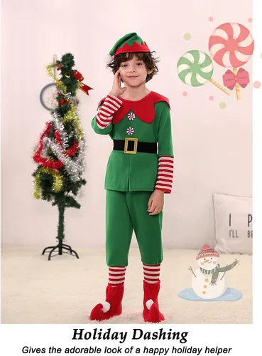 Vista 5 de TPMG Disfraz de elfo de Navidad para niños pequeños y niñas, ropa de vestir con sombrero, calcetines para botas