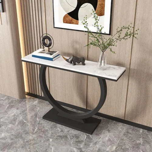 Vista 5 de Mesa decorativa de estilo glamuroso con base de pedestal y mesa rectangular de mármol para porche de pizarra contra la pared, decoración de caja