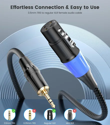 Vista 7 de Cable XLR a 0.138 in de 3.3 pies, desequilibrado, regular, hembra, XLR a conector estéreo de 1/8 pulgadas, cable de micrófono auxiliar para teléfono