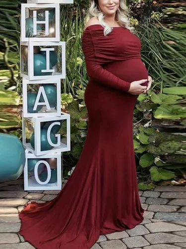 Vista 3 de Glampunch Vestido de maternidad con hombros descubiertos, manga larga, fruncido, vestido de maternidad para baby shower, fotografía, vestido