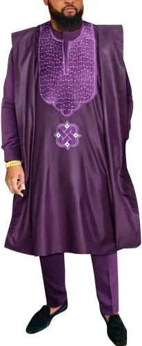 Vista 8 de HD Ropa Africana para Hombre Agbada con Bordado, Conjunto de Camiseta y Pantalón Dashiki 3 Piezas Blanco-g