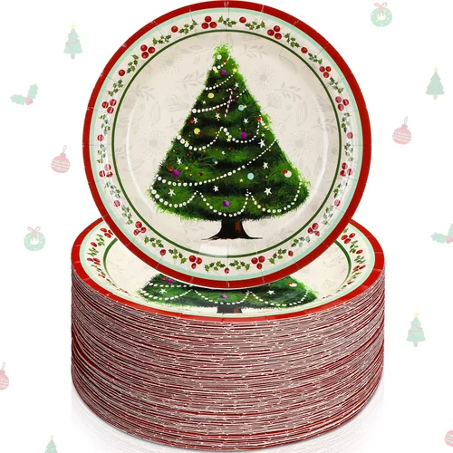 Vista 14 de Shellwei 100 platos de papel de Navidad de 7 pulgadas, platos de fiesta de Navidad a granel desechables para suministros de fiesta de Navidad
