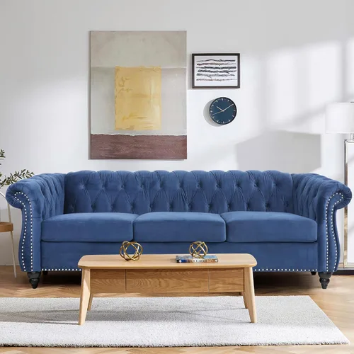 Vista 34 de Sofá moderno de 3 plazas, muebles de sofá grande, con brazo enrollable, sofá Chesterfield clásico copetudo de cuero con respaldo de asiento copetudo