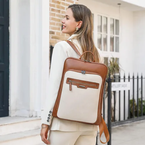 Vista 2 de CLUCI Mochila de cuero para computadora portátil de 15.6 pulgadas para mujer, mochila grande de viaje para negocios, trabajo, color blanco roto