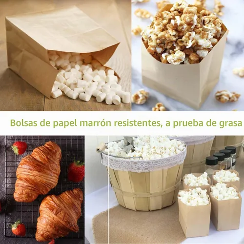 Vista 5 de Pequeñas bolsas de papel marrón para aperitivos, paquete de 100, bolsas de papel kraft a prueba de grasa, reciclables y biodegradables, pequeños