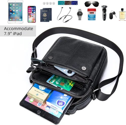 Vista 6 de NIUCUNZH Monederos y bolsos de hombre pequeños, mini mensajero de cuero genuino y bolso de hombro para hombres con muchos bolsillos con cremallera