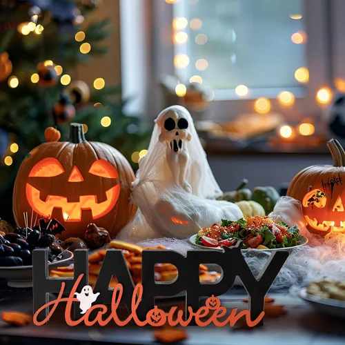 Vista 4 de GHOSTMAGIC Happy Halloween Sign Wooden Table Centerpiece Indoor Decoration 3D Wooden Tabletop Sign with Cute Ghost & Pumpkin for Halloween Decor
