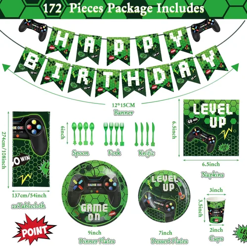 Vista 2 de Tiamon 172 piezas de decoración de fiesta de videojuegos – Sirve 24 suministros de vajilla de fiesta de juegos, incluye pancartas de feliz