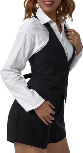 Vista 4 de XBTCLXEBCO Chaleco elegante para mujer con espalda cruzada con botones vintage steampunk sin mangas traje de esmoquin
