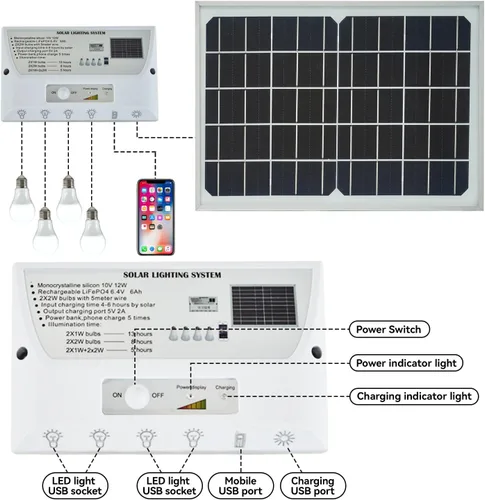Vista 8 de Lámparas colgantes para interior y exterior con energía solar con 4 bombillas LED, cada una con un cable de 5m, impermeables, batería de 6000mAh