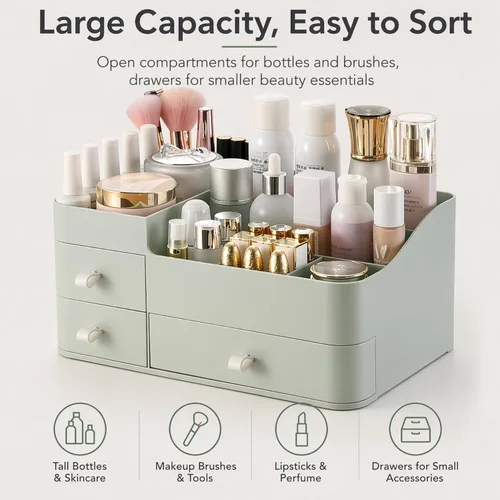 Vista 3 de Organizador de maquillaje para tocador, organizador grande de encimera con cajones, almacenamiento de cosméticos para el cuidado de la piel