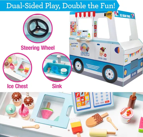 Vista 5 de Juego de camión de helados de madera - 20 piezas de juguetes divertidos incluyendo congelador, volante, fregadero y lámina de pegatinas para niños