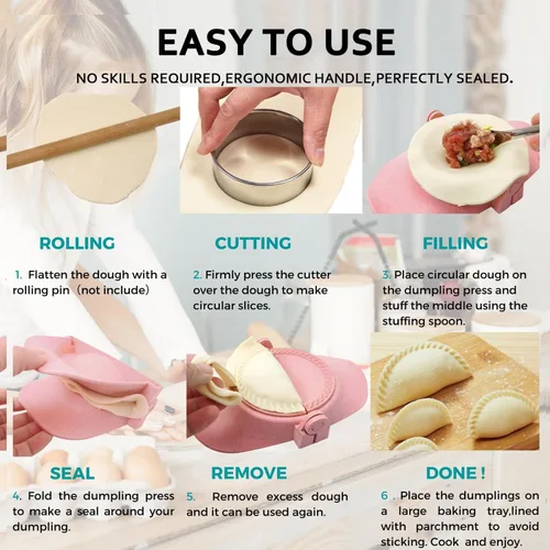 Vista 7 de Prensa para Empanadas, Juego de Moldes para Hacer Dumplings con Cortador de Masa, Juego de Moldes para Dumplings (L/4"+M/3")