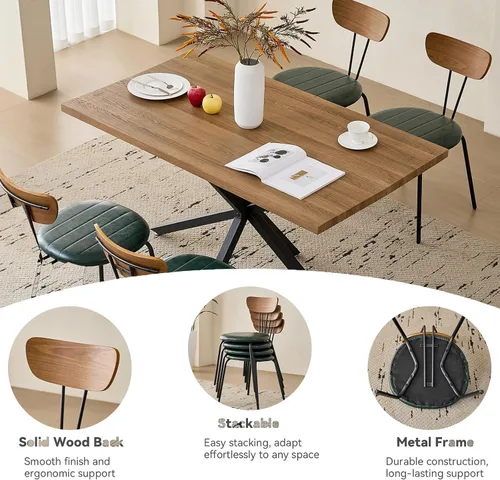 Vista 4 de Dining Table Set for 4, Modern 55" Brown Wood Grain Kitchen Table with 4 Stackable Dining Chairs, Faux Leather, for Dining Living Room Apartment
