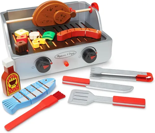 Vista 4 de Melissa & Doug Juego de Comida de Juguete de Barbacoa de Madera con Asador y Parrilla (24 piezas)