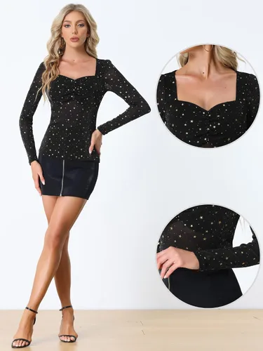Vista 2 de Allegra K Top de malla transparente con estrella para mujer, con cuello corazón, transparente, para fiesta, con purpurina