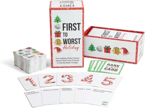 Vista 4 de FIRST TO WORST Juego de Fiesta Edición Navideña - Un Juego de Cartas Festivo Sobre Cómo Tus Amigos y Familia Clasifican las Cosas - Perfecto