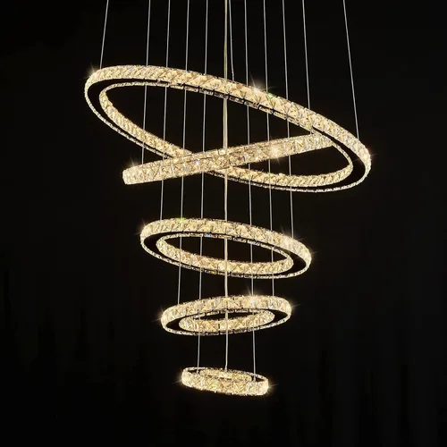 Vista 11 de Siljoy Moderna lámpara de araña de cristal, 6 anillos, lámpara de techo LED con 3 colores, lámpara de techo alto para sala de estar, comedor