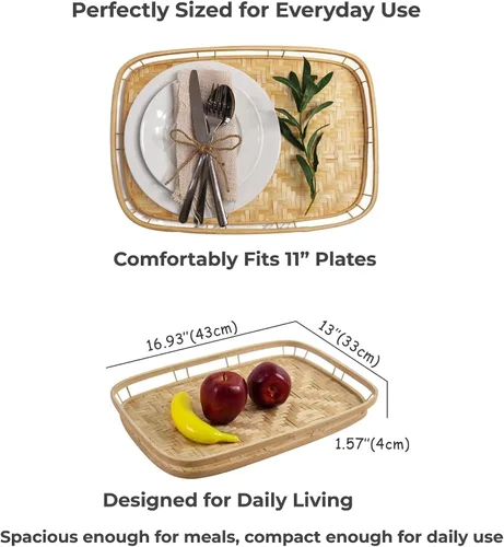 Vista 6 de PEMAR Juego de 4 bandejas de servir de mimbre de bambú para alimentos y bebidas, bandejas rectangulares para desayuno en la cama con asas, bandejas