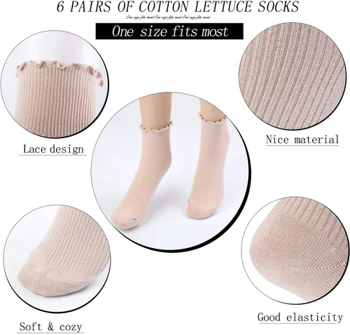 Vista 2 de SATINIOR Calcetines de tobillo para mujer, con volantes, de encaje, con borde de lechuga, 6 pares