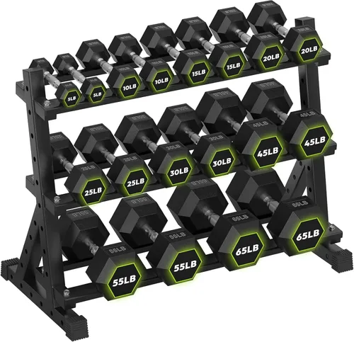 Vista 14 de HANDBODE Dumbbell Set with Rack, Rubber Coated Fixed Dumbbells 360-790 lbs Heavy Duty Hexagonal Weights, Non-Roll Hexagon Shape for Stability