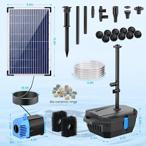 Vista 7 de POPOSOAP Filtro de estanque con bomba de fuente solar de 12 W, filtro solar de estanque con bomba de 160 GPH y kit de fuente, caja de filtro