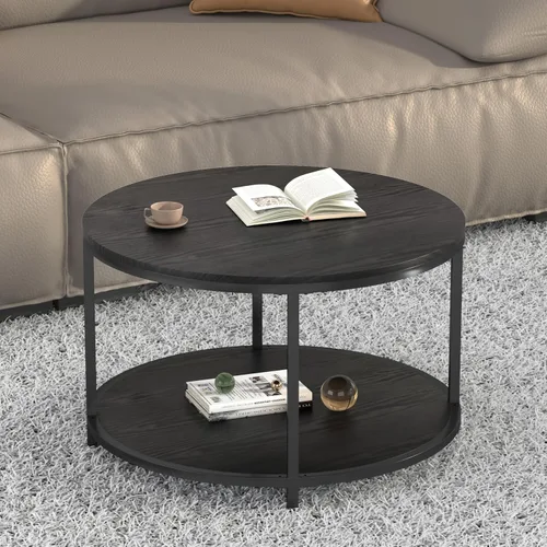 Vista 8 de NSdirect Mesa auxiliar redonda de 32 pulgadas para sala de estar, mesa central de madera maciza de 2 niveles para decoración del hogar con estante