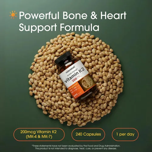 Vista 2 de NatureBell Suplemento de Vitamina K2 de Espectro Completo con MK-7 y MK-4, 200 mcg, 240 cápsulas Fórmula 2 en 1, complejo de vitaminas K – Apoya