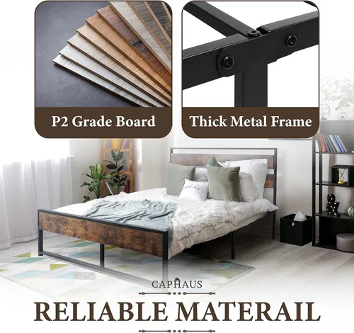 Vista 4 de CAPHAUS Base de cama de metal con cabecera y estribo de madera, plataforma de metal con marco de acero de primera calidad, base de colchón, sin