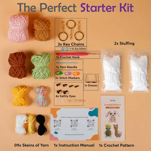 Vista 4 de Kit de ganchillo para aprender A-URA para principiantes niños y adultos, kits de ganchillo premium de 3 patrones de animales de gran