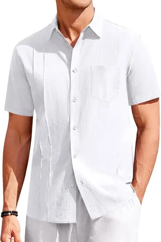 Vista 13 de Ryannology Camisas guayabera de lino de manga corta con botones para hombre, estilo casual, playa, campamento cubano, camisa mexicana para hombre