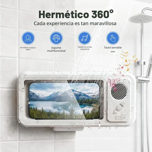 Vista 2 de Soporte para teléfono de ducha con altavoz Bluetooth inalámbrico, soporte impermeable para teléfono con altavoz, funda de teléfono de ducha