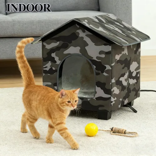 Vista 5 de Casa para gatos con calefacción al aire libre, casa elevada y aislada resistente a la intemperie para exteriores, refugio para gatos con almohadilla