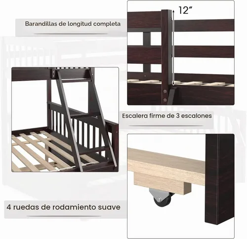 Vista 5 de KOMFOTT Litera de Madera Twin Over Full con Cama Nido, Marco de Cama con Marco de Madera de Pino Maciza, Litera que Ahorra Espacio con Escalera