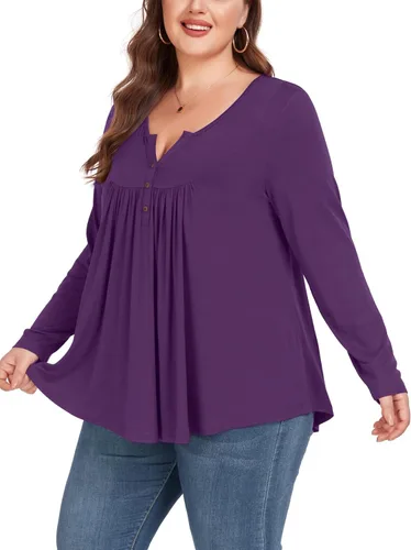 Vista 3 de Camiseta básica para mujer, talla grande, cuello Henley, con botones, ajuste holgado, estilo casual