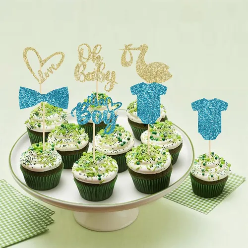 Vista 6 de Gyufise Paquete de 36 adornos para cupcakes Oh Baby ensamblados con texto en inglés "It's a Boy" con corbata, mameluco de amor, corazón, purpurina
