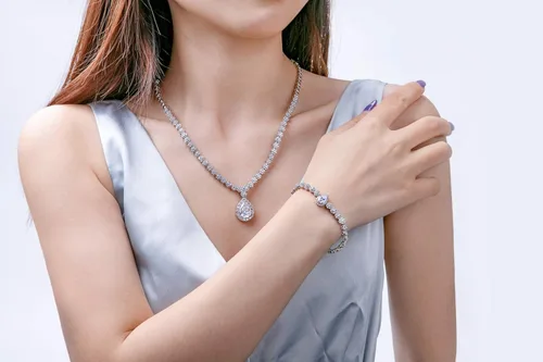 Vista 6 de Hadskiss - Juego de joyas, collar y aretes colgantes, chapado en oro blanco con circonia cúbica blanca AAA, joyería para bodas y fiestas
