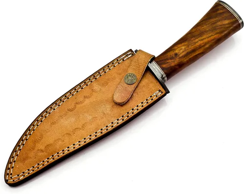Vista 7 de Nooraki BK-348 Cuchillo Bowie hecho a mano de acero de Damasco con funda de cuero, cuchillo multiusos, mango de palisandro con protector de damasco